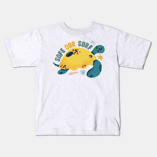 Safe our Surf quote with cute sea animal turtle, starfish, coral and shell Kids T-Shirt by jodotodesign